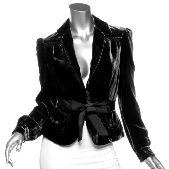 MARC JACOBS Womens Black Silk Crushed Velvet Bow Belted Jacket Blazer Coat - Picture 9 of 16